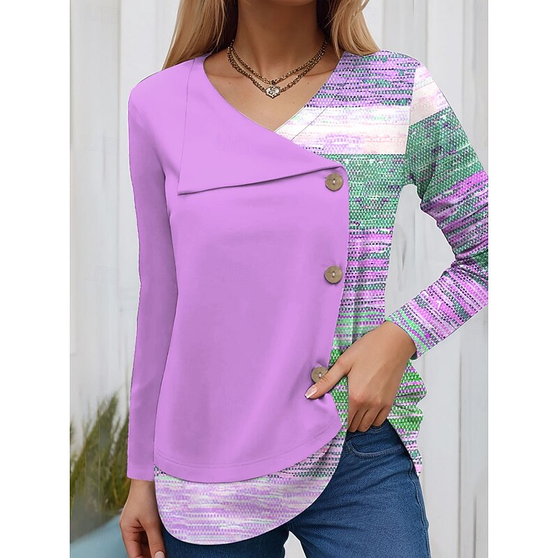 Women's Blouse Tunic V Neck Long Sleeve Buttons Graphic Geometric Vintage Fashion Stylish Crew Neck Regular Tops Daily Patchwork Print Pink Blue Purple Green Spring Fall Winter Prefall3