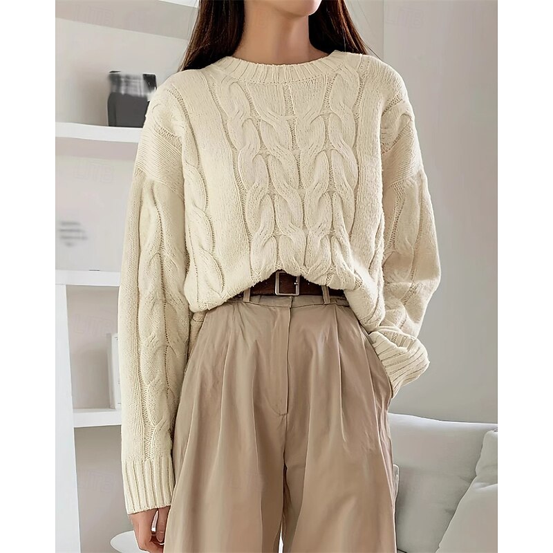 Women's Sweater Pullover Daily Stylish Casual Solid Color Ribbed Crew Neck Knitted Long Sleeve Regular Tops Knit Daily Holiday Going out Wine Red Navy Blue Fall Winter2