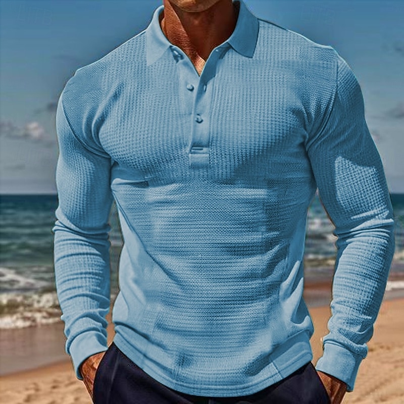 Men's Waffle Polo Shirts Golf Shirt Work Casual Lapel Long Sleeve Basic Modern Solid Color Buttons Spring &  Fall Regular Fit Wine Black White Yellow Light Grey Light Blue Waffle Polo Shirts
