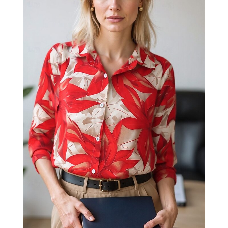 Women's Blouse Dressy Tops Chiffon Tops Floral Color Block Elegant Daily Stylish Long Sleeve Shirt Collar Regular Tops Work Daily Buttons Print White and Red Red / black Black Red Gray+White Spring4