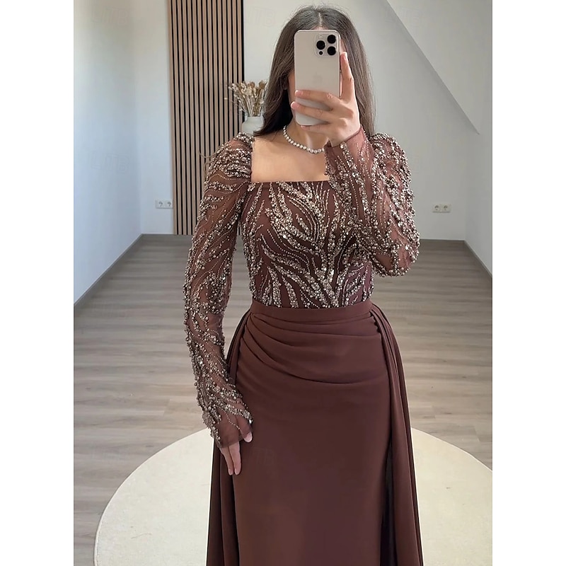 Black Tie Beased Lace Sheath / Column Evening Gown Detachable Overskirt Elegant Dress Formal Wedding Sweep / Brush Train Long Sleeve Square Neck Sequined with Ruched Pearls