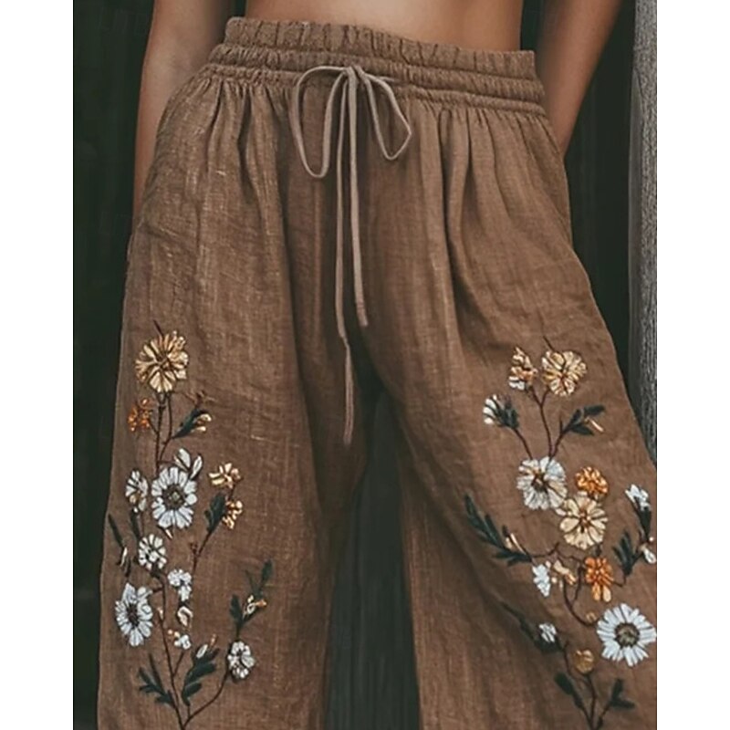 Women's Wide Leg Pants Trousers Palazzo Pants Fashion Streetwear Full Length High Waist Flower Elastic Waist Drawstring Print Breathability Comfortable Street Daily Wear Going out Brown Spring Fall2