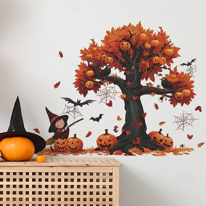 Halloween Cartoon Witch Pumpkin Tree Bat Wall Decals, Self-Adhesive Stickers for Living Room Background Wall, Cute Halloween Wall Decor for Home or Party2