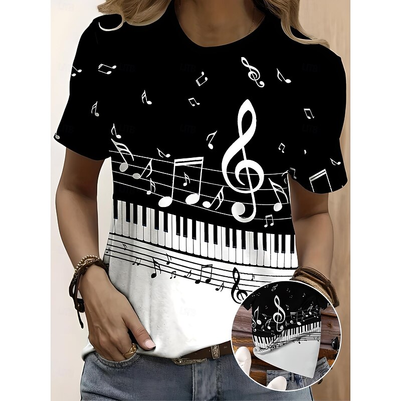 Music Festival Women's T Shirt Graphic Geometric Vintage Stylish Classic Short Sleeve Crew Neck Round Neck Regular Tops Daily Weekend Print White / Black Black White Purple Summer Spring
