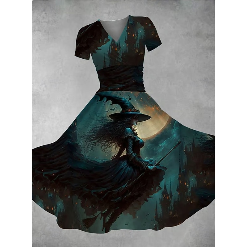 Halloween Women's Bloodstain Print Midi Dress A Line Dress Dress Fit And Flare Dress Party Casual Daily Holiday Regular Fit Graphic Abstract Short Sleeve V Neck Deep Green White Wine Red Fall4