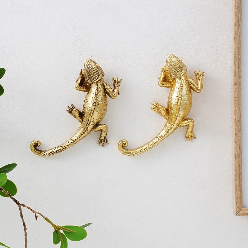 Vintage Gold Lizard Wall Hanging Decor, European Style Resin Gecko Wall Sculpture, Handmade Wall Art Ornament for Home, Living Room or Garden Decoration