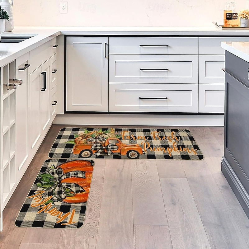 Fall Autumn Pumpkin Linen Mats Set - Absorbent, Oil-Resistant Kitchen & Entryway Door Mats, 2-Piece Set For Thanksgiving4