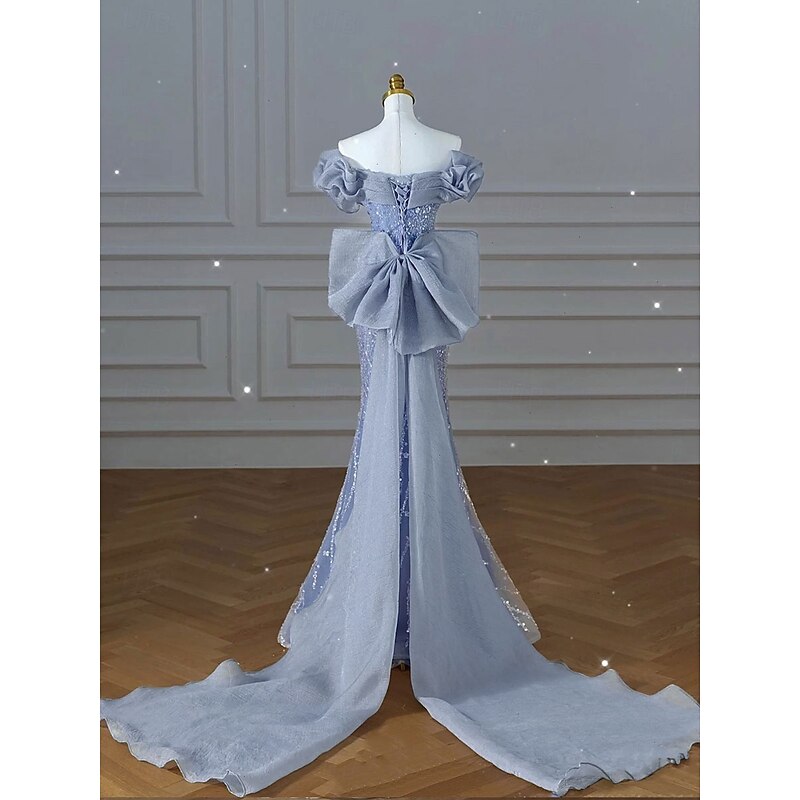 Mermaid / Trumpet Party Dresses Elegant Dress Wedding Wedding Guest Sweep / Brush Train Sleeveless Off Shoulder Tulle with Sequins Bow2