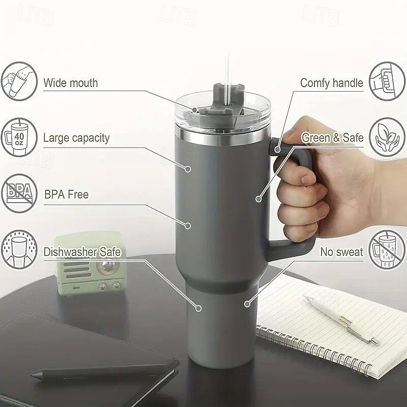 Reusable Stainless Steel Straw Tumbler, 40oz Double Wall Vacuum Insulated Bottle with Handle and Straw, Food-Grade Thermal Cup for Hot and Cold Drinks4