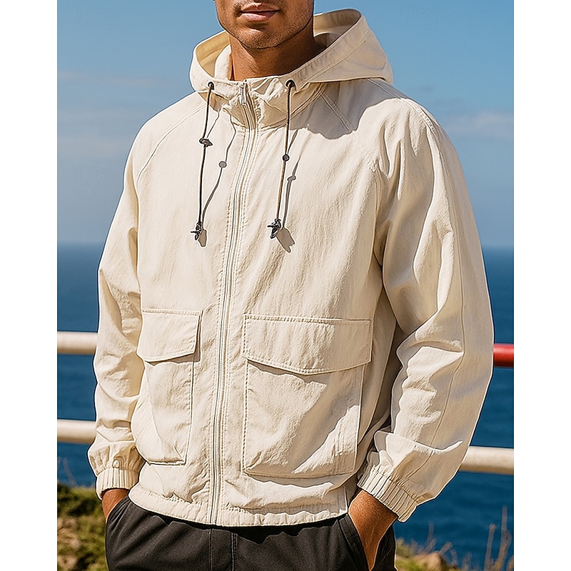 Men's Hoodie Jacket Outdoor Jacket Pockets Long Sleeve Top Athleisure Fall Solid Colored Waterproof UPF50+ Outdoor Jogging Running Sportswear Activewear Black Green Dark Blue