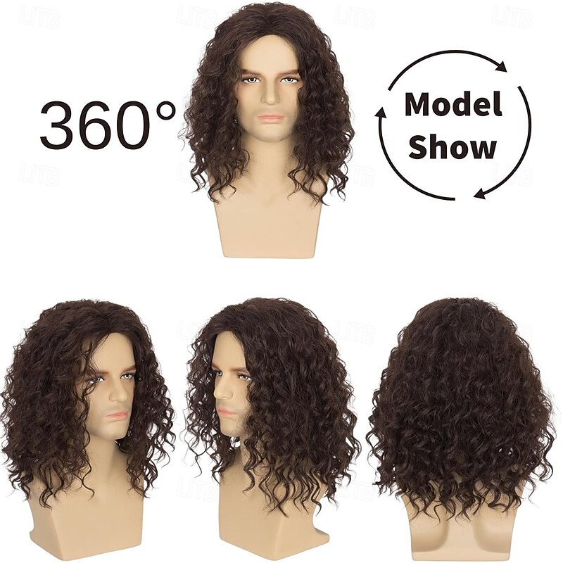 Mens Brown Curly Wig for Costume Party Middle Part Retro 80s Brown Cosplay Wigs for Adults3