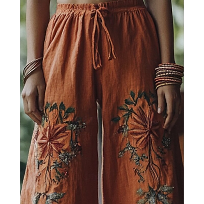 Women's Wide Leg Pants Trousers Palazzo Pants Casual Boho Full Length High Waist Flower Elastic Waist Drawstring Print Breathability Comfortable Street Daily Wear Going out Orange Spring Fall Regular2