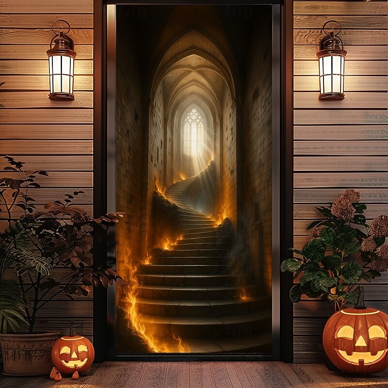 Halloween Door Cover – Glowing Golden Corridor to Haunted House, Spooky Entrance Banner, Creepy Outdoor 2025 Halloween Decoration for Bedroom, Living Room, Bathroom