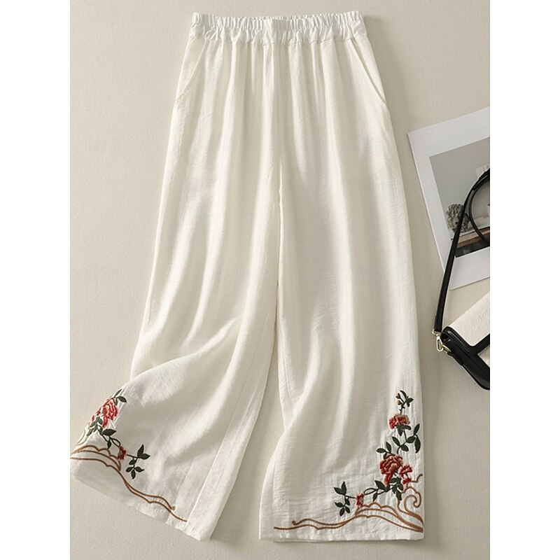 Women's Cotton Linen Pants Chinos Ethnic Style Basic Casual Full Length High Waist Floral Embroidered Pocket Elastic Waist Comfort Outdoor Micro-elastic Vacation Street Daily Khaki Beige Summer4