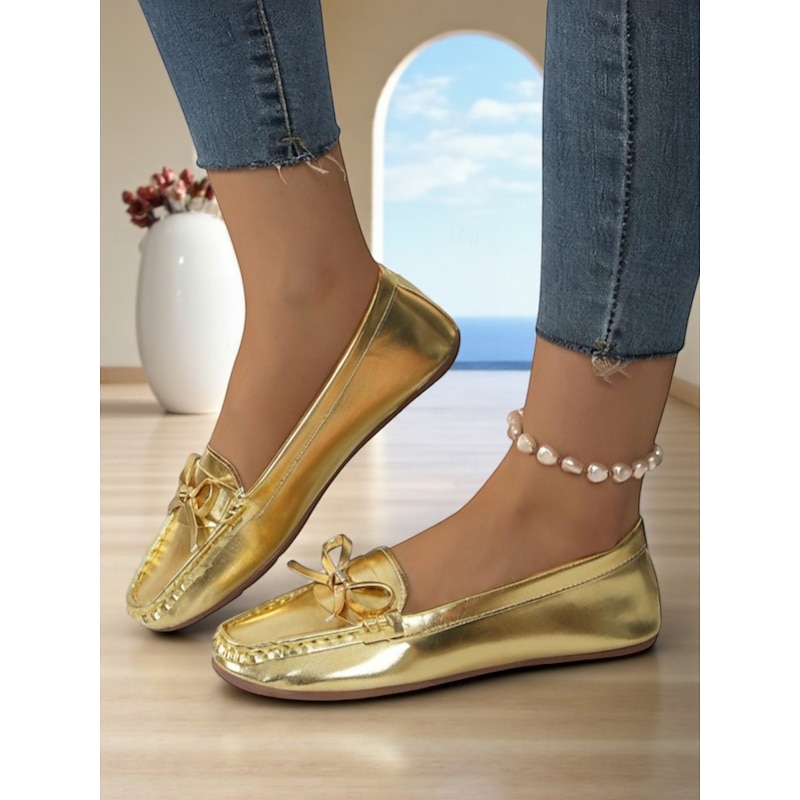 Women's Gold Metallic Bow Moccasins – Comfortable Slip-On Loafers, Casual and Dressy Flat Shoes for Ladies, Perfect for Parties, Travel, and Daily Wear2