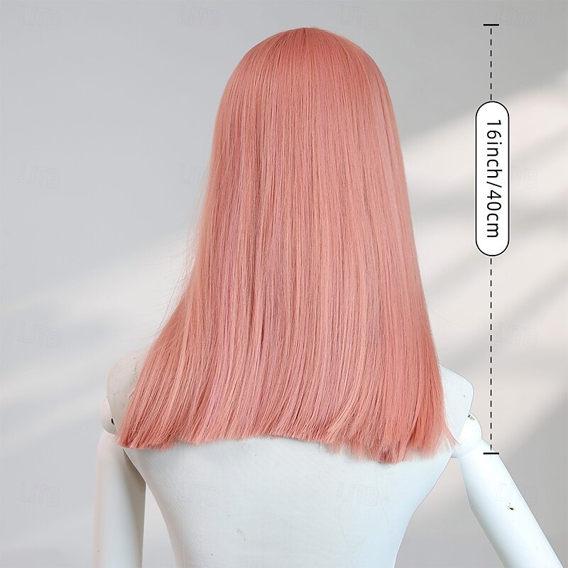 Women's 16″ Pink Straight Halloween Wig – Mid‑Length Hair with Bangs, Ideal for Costume Parties, Cosplay & Everyday Fashion4