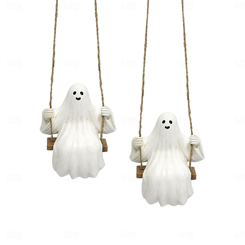 2PCS Halloween Resin Swinging Cute Ghost Decoration Hanging Ornaments, Spooky Outdoor Yard, Planter, Balcony, and Tree Decorations for Halloween4
