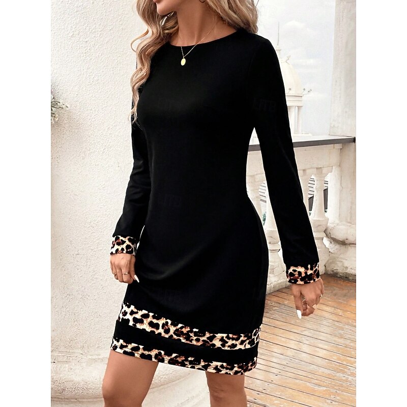 Women's Mini Dress Sheath Dress Casual Daily Regular Fit Leopard Long Sleeve Crew Neck Black Navy Blue Purple Summer Winter - Main Image