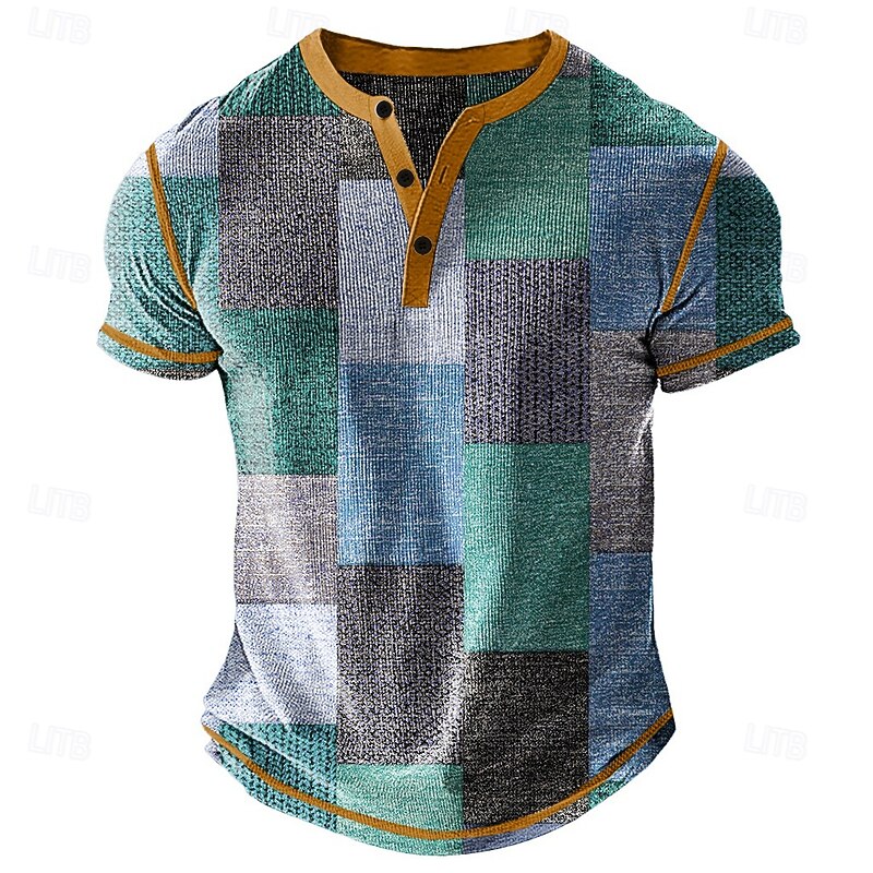 Men's Color Block Patchwork Henley Shirt Waffle T Shirt Short Sleeve Daily Retro Vintage Graphic Sports Outdoor Casual Holiday Spring & Summer All Seasons Blue Yellow Green Grey Henley Henley T-Shirt
