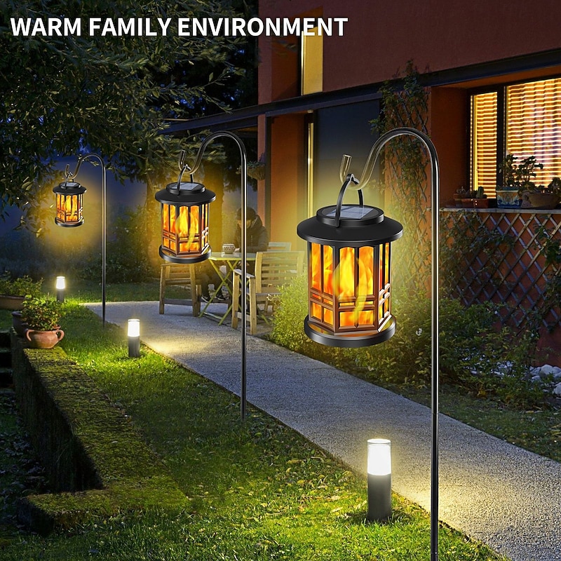 1 Pc Halloween Christmas Outdoor Waterproof Solar Simulation Flashing Flame Lantern 28 LED Beads Courtyard Garden Lawn Path Terrace Hanging Light Pendant Decorative Light Landscape Light2