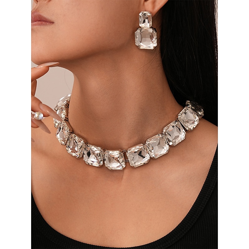 Women's Gold Crystal Jewelry Set - Chunky Rhinestone Choker Necklace and Drop Earrings for Glamorous Party and Evening Wear2