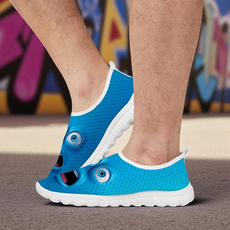 Men's Blue Breathable Mesh Slip-On Sneakers with Fun Cartoon Face Print – Lightweight Casual Athletic Shoes for Walking, Travel and Daily Wear2