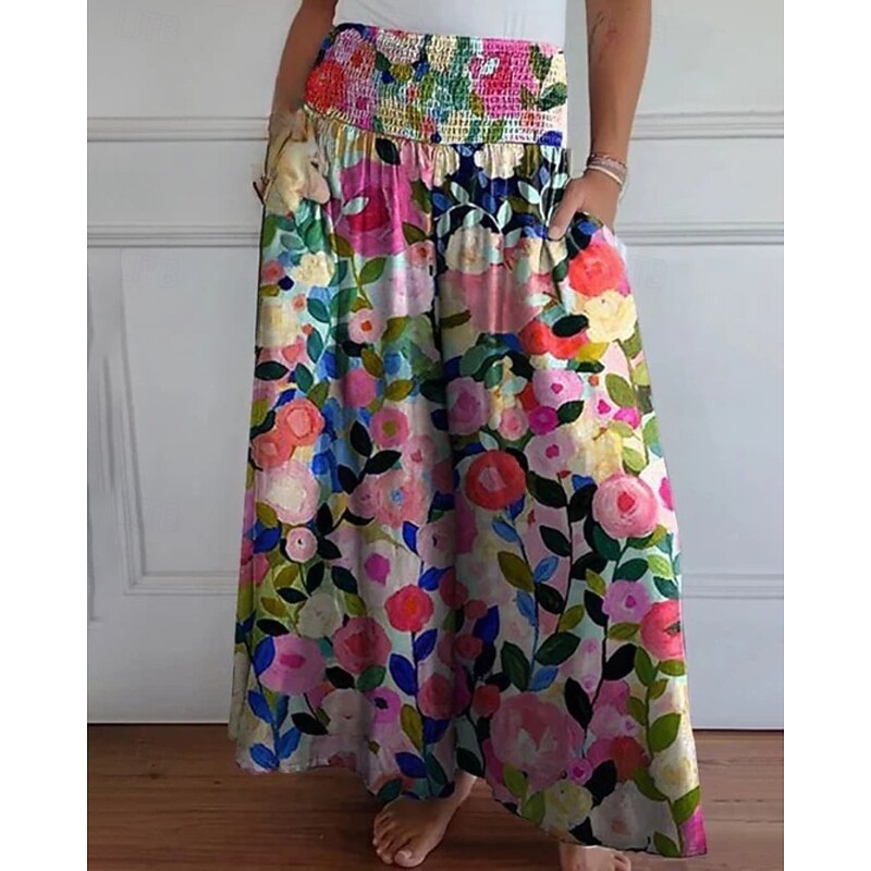 Women's Wide Leg Slacks Streetwear Casual Full Length Natural Floral Pocket Elastic Waist Printing Comfy Outdoor Holiday Going out Weekend Pink Fall Regular Fit