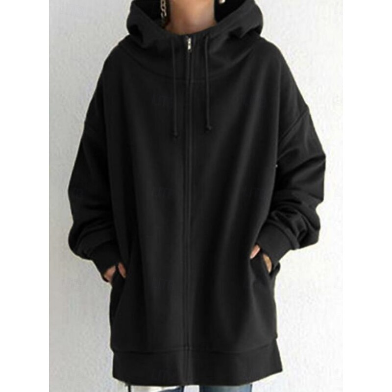 Women's Casual Jacket Hoodie Jacket Comfortable Breathable Zipper Pocket Casual Plain Street Casual Daily Wear Zipper Long Hooded Regular Fit Long Sleeve Outerwear Black Red Khaki Spring Fall4