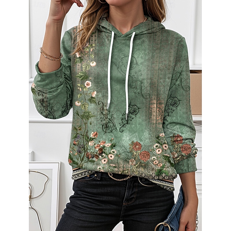 Women's Hoodie Pullover Sweatshirt Oversized Long Sleeve Casual Graphic Floral Warm Active Hooded Regular Tops Street Dailywear Patchwork Print Army Green Spring Fall Winter