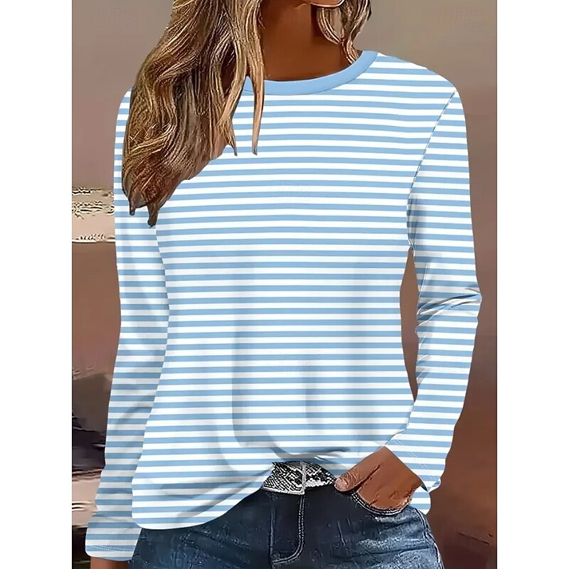 Easter Women's T shirt Crew Neck Long Sleeve Tunic Graphic Striped Plants Vintage Stylish Classic  Round Neck Regular Tops Daily Print Yellow Pink Blue Green Khaki Fall3