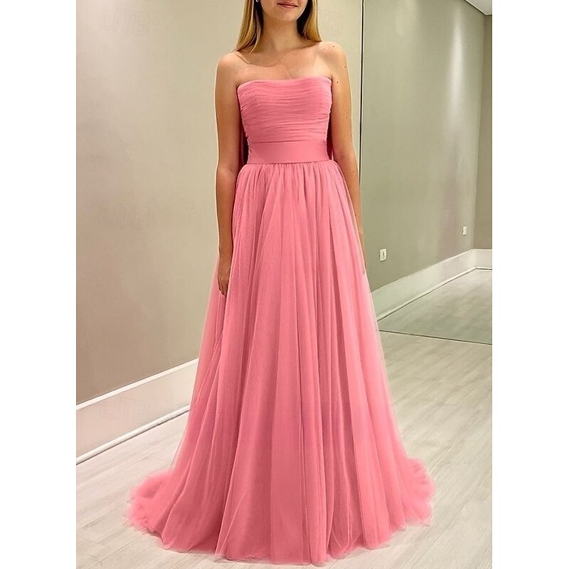 A-Line Wedding Guest Dresses Elegant Formal Dress Wedding Guest Engagement Floor Length Sleeveless Strapless Tulle with Bow(s) Pleats Ruched 2025