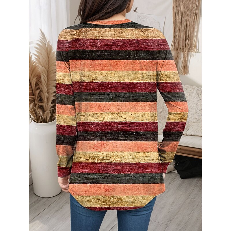 Women's T Shirt Graphic Striped Vintage Fashion Stylish Long Sleeve Crew Neck Regular Tops Daily Weekend Print Pink Blue Orange Green Spring Fall2