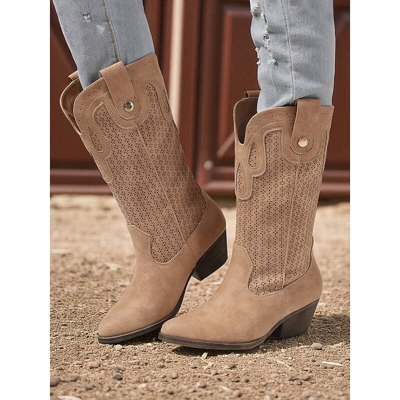 Women's Western Style Cowboy Boots – Brown Faux Leather Mid-Calf Boots for Fall Festivals, Pumpkin Patch & Country Outfits3