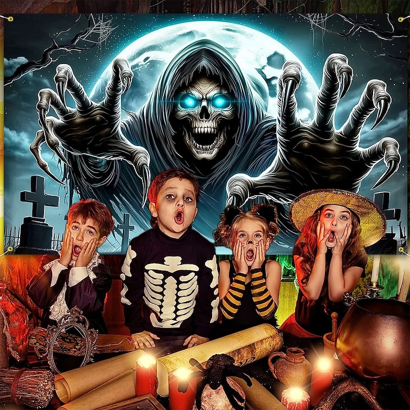 Halloween Tapestry Wall Hanging – Grim Reaper, Creepy Cemetery Scene under Bright Full Moon, Scary Gothic Horror Wall Art for 2025 Halloween Decoration3