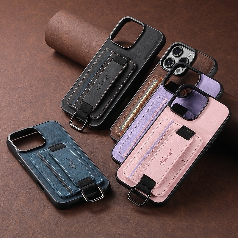 Phone Case For iPhone 17 Pro Max 17 Air 16 Pro Max Plus 15 Pro Max Plus 15 14 Pro Max Plus 16e Back Cover with Wrist Strap Kickstand Card Slot Retro TPU PU Leather2