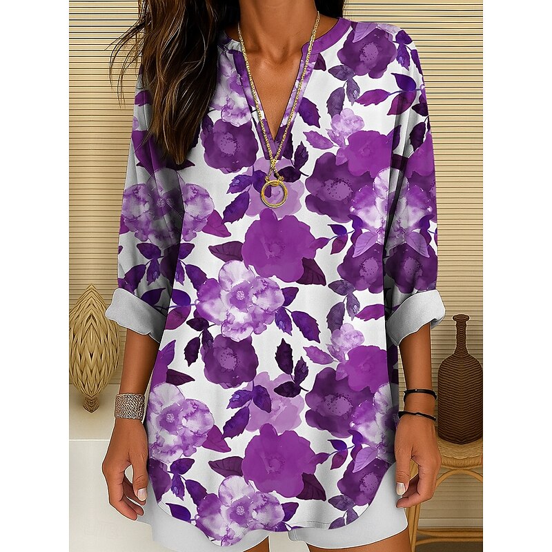 Women's Blouse Tunic V Neck Long Sleeve Boho Casual Floral Graphic Vintage Tropical Regular Tops Daily Wear Print Yellow Red Blue Purple Green4