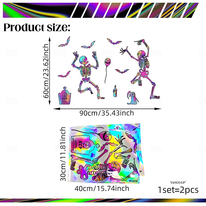 Halloween Holographic Skull Wall Stickers, Iridescent Gradient Decals for Festival Home Room Decor, Removable Halloween Party Wall Decorations4