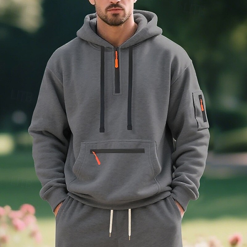 Men's Hoodie Quarter Zip Hoodie Fleece Hoodie Black White Navy Blue Khaki Light Grey Hooded Plain Patchwork Quarter Zip Sports & Outdoor Casual Daily Streetwear Cool Sportswear Fall & Winter Clothing