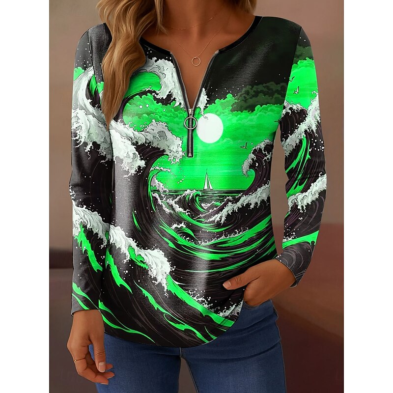 Women's T Shirt Quarter Zip Long Sleeve Casual Graphic Ocean Elegant Vintage Stylish V Neck Regular Tops Daily Pink Blue Orange Green Spring Fall4