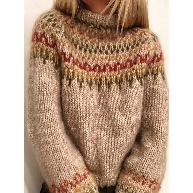 Women's Sweater Casual Soft Geometric Ribbed Turtleneck Knitted Long Sleeve Regular Tops Knit Outdoor Daily Weekend Khaki Gray Fall Winter2