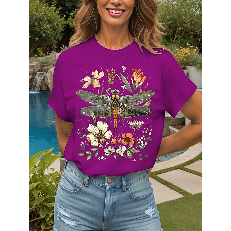 Women's T Shirt Floral Graphic Dragonfly Vintage Stylish Classic Short Sleeve Crew Neck Round Neck Regular Tops Daily Weekend Print Black White Yellow Pink Red Summer Spring4