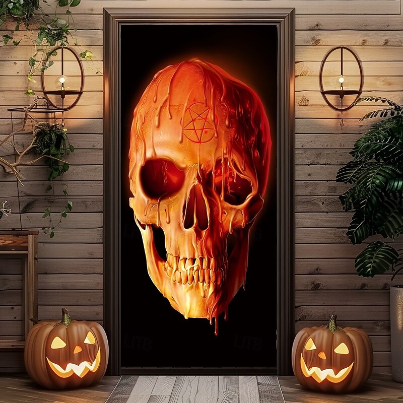Wax Skull by Vincent Hie Halloween Door Covers Door Tapestry Door Curtain Decoration Backdrop Door Banner for Front Door Farmhouse Holiday Party Indoor Outdoor Decor Supplies3