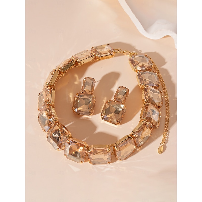 Women's Gold Crystal Jewelry Set - Chunky Rhinestone Choker Necklace and Drop Earrings for Glamorous Party and Evening Wear4