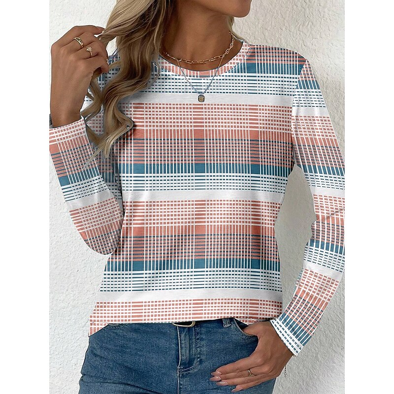 Easter Women's T shirt Long Sleeve Crew Neck Long Sleeve Tunic Graphic Plaid Stylish Modern Casual Regular Tops Daily Print Yellow Pink Blue Purple Green Fall Prefall4