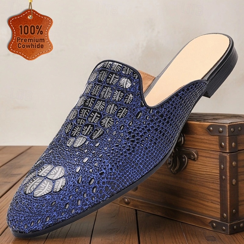 Men's Blue Crocodile Pattern Leather Mule Shoes – Slip-On Luxury Loafers for Stylish Men at Summer Parties and Resort Events