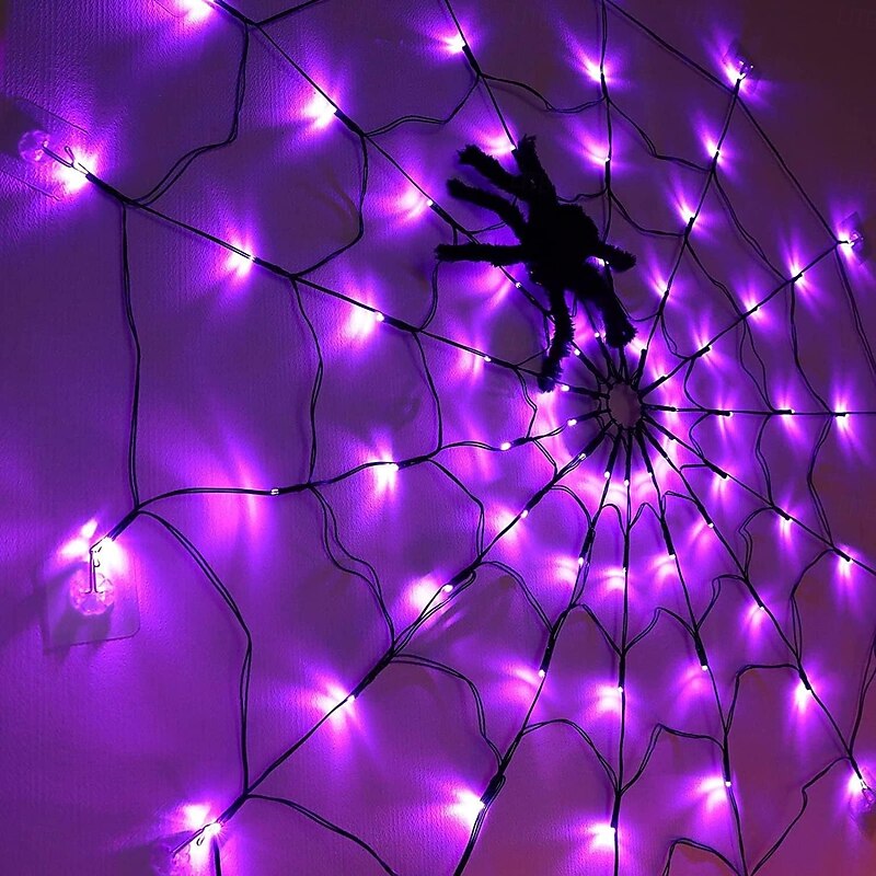1 Pc diameter 1M 70 LED Beads Halloween with spider festival web light purple orange warm light Usb battery box power supply remote control indoor and outdoor party Halloween atmosphere decoration lig3