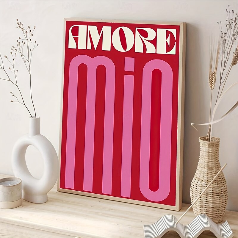 1pc Amore Mio Canvas Poster - Vibrant Red & Pink Modern Art Frameless Wall Decor with Stylized Text Design Perfect for Bedroom Living Room or Corridor Aesthetic Room Decor