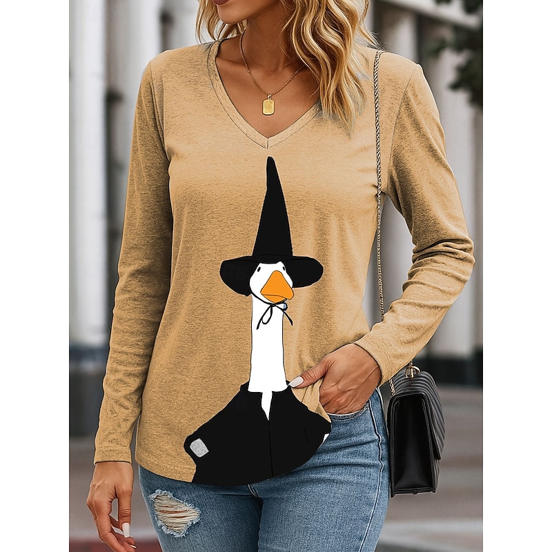 Halloween Women's T Shirt V Neck Long Sleeve Tunic Graphic Halloween Duck Elegant Vintage Stylish Regular Tops Daily Going out Weekend Print Blue Purple Green Khaki Spring Fall4