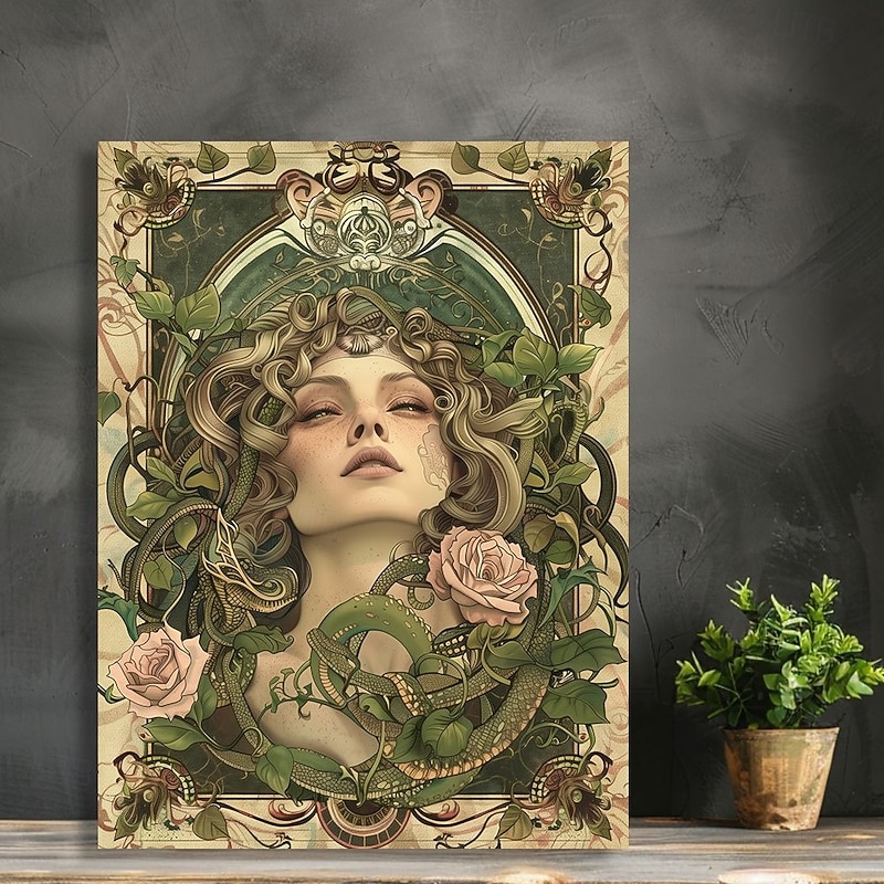 Art Deco Medusa Canvas Wall Art Snake and Rose Design Vintage Style Unframed Canvas Painting for Home Decor Light Luxury Artwork for Living Room Hallway Studio - Craft Supplies