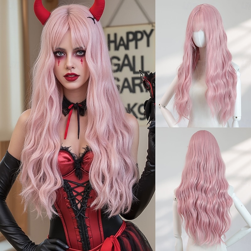 26‑Inch Pink Wavy Long Wig with Bangs – Synthetic Halloween Costume Hair, Perfect for Cosplay, Photo Shoots & Fashion